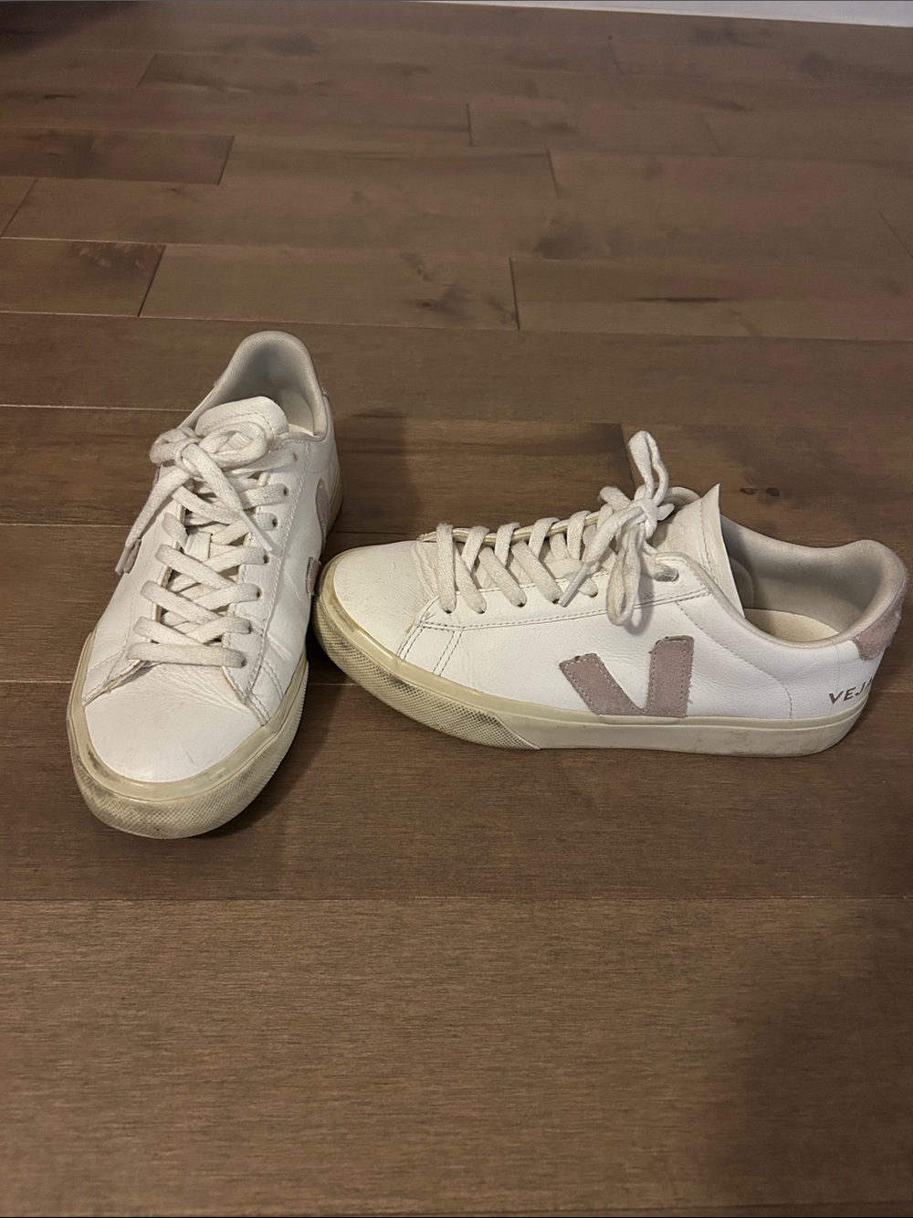 Veja Women's White Sneakers with Pale Pink V Accent